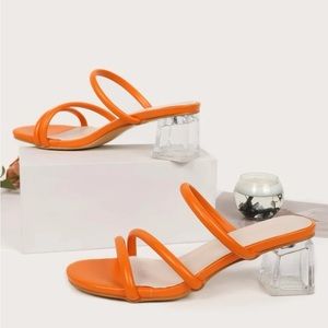 Minimalist Chunky Heeled Mules / orange / clear block heel / 9.5 **never worn